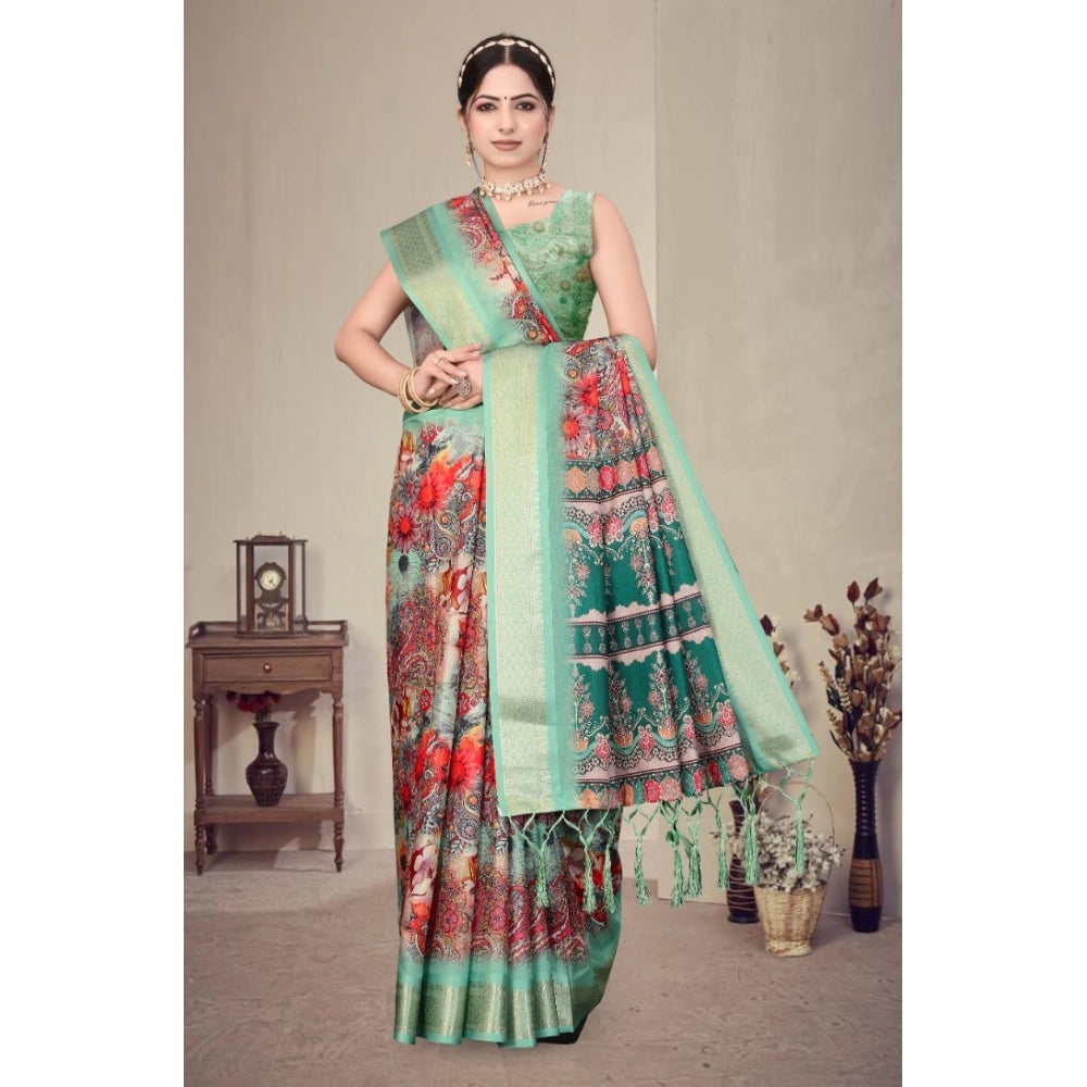 Light green cotton silk printed saree with unstitched blouse, vibrant Indian fashion accessory