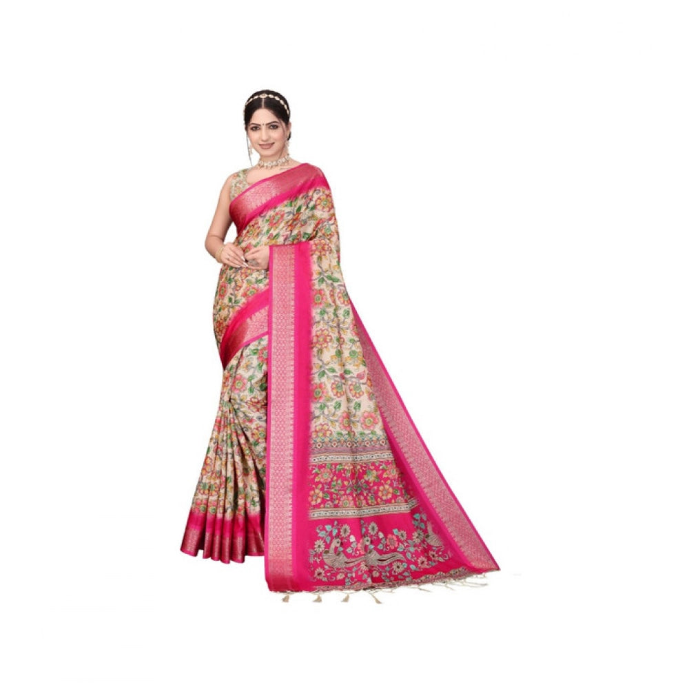 Pink cotton silk printed saree with unstitched blouse, 5.5Mtr length