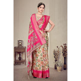 Pink cotton silk printed saree with unstitched blouse (5.5Mtr), women's fashionable ethnic wear