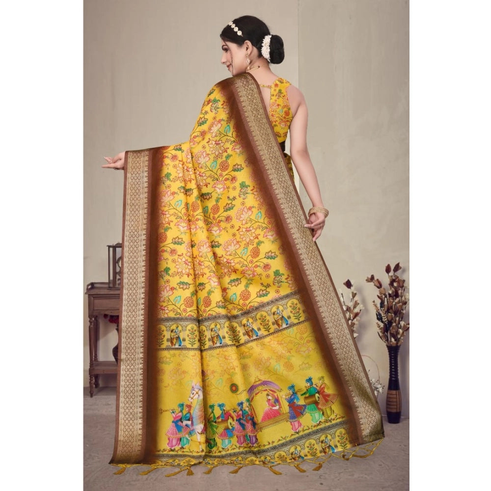 Yellow cotton silk printed saree with unstitched blouse (5.5Mtr) - vibrant, traditional Indian women's wear for festivals