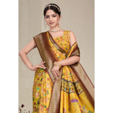 Yellow cotton silk printed saree with unstitched blouse, vibrant and elegant traditional wear for women