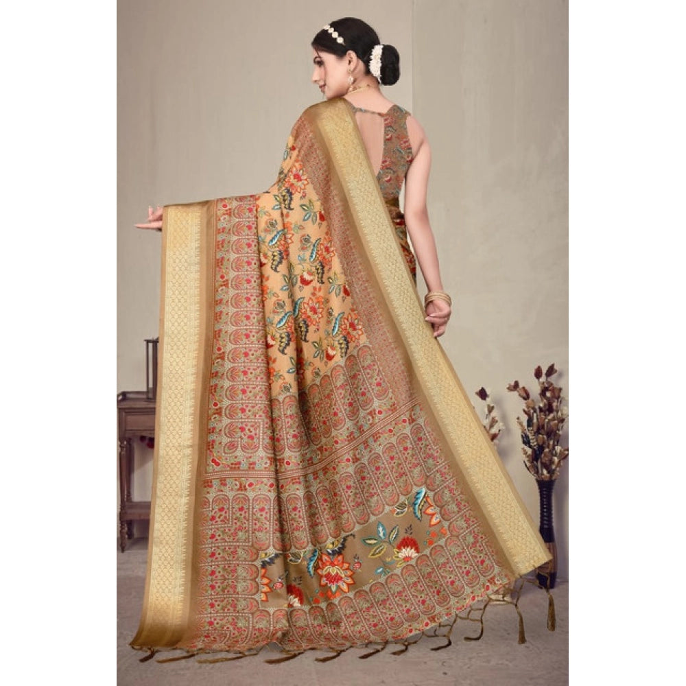 Peach cotton silk printed saree with unstitched blouse, vibrant floral design on a 5.5mtr length