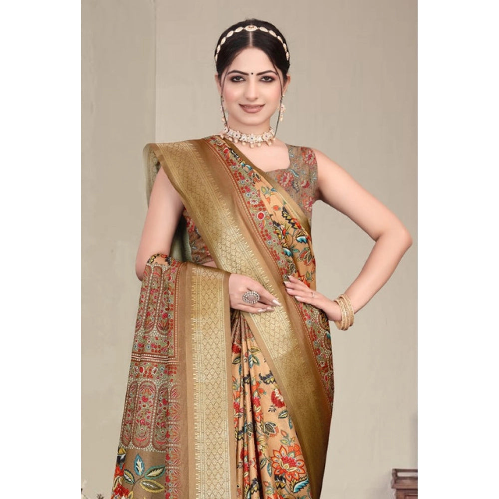 Peach cotton silk printed saree with unstitched blouse, vibrant Indian women's attire on display