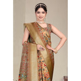 Peach cotton silk printed saree with unstitched blouse, vibrant Indian women's attire on display