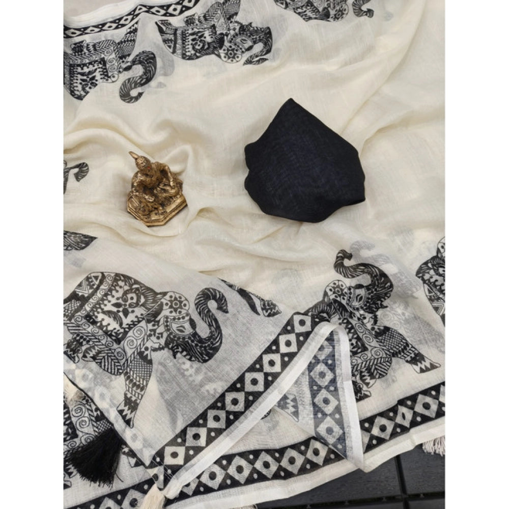 Cream & Black linen cotton printed saree with unstitched blouse (5.5Mtr), traditional Indian wear for women