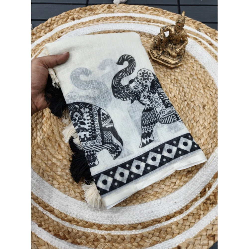 Cream and black linen cotton printed saree with unstitched blouse (5.5Mtr), traditional Indian wear for women