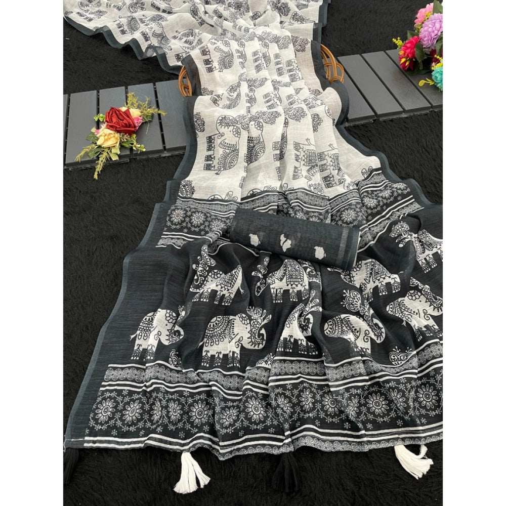 Black linen cotton printed saree with unstitched blouse (5.5Mtr) - vibrant, traditional Indian attire