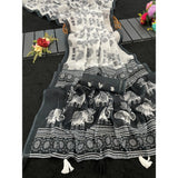 Black linen cotton printed saree with unstitched blouse (5.5Mtr) - vibrant, traditional Indian attire