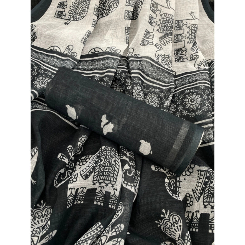 Black linen cotton printed saree with unstitched blouse, vibrant design for women's fashion accessories
