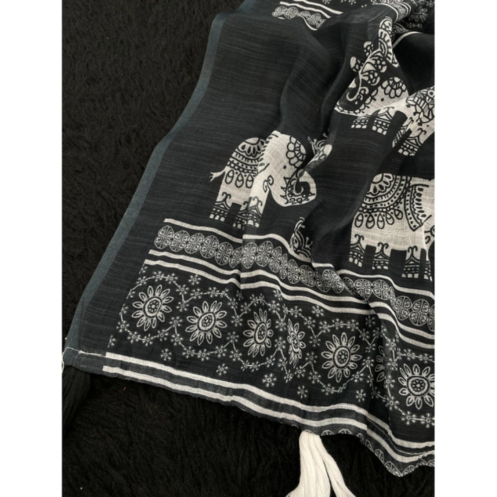 Black linen-cotton printed saree with unstitched blouse, vibrant design for Indian women's fashion