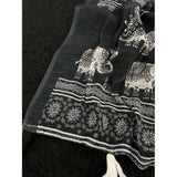 Black linen-cotton printed saree with unstitched blouse, vibrant design for Indian women's fashion