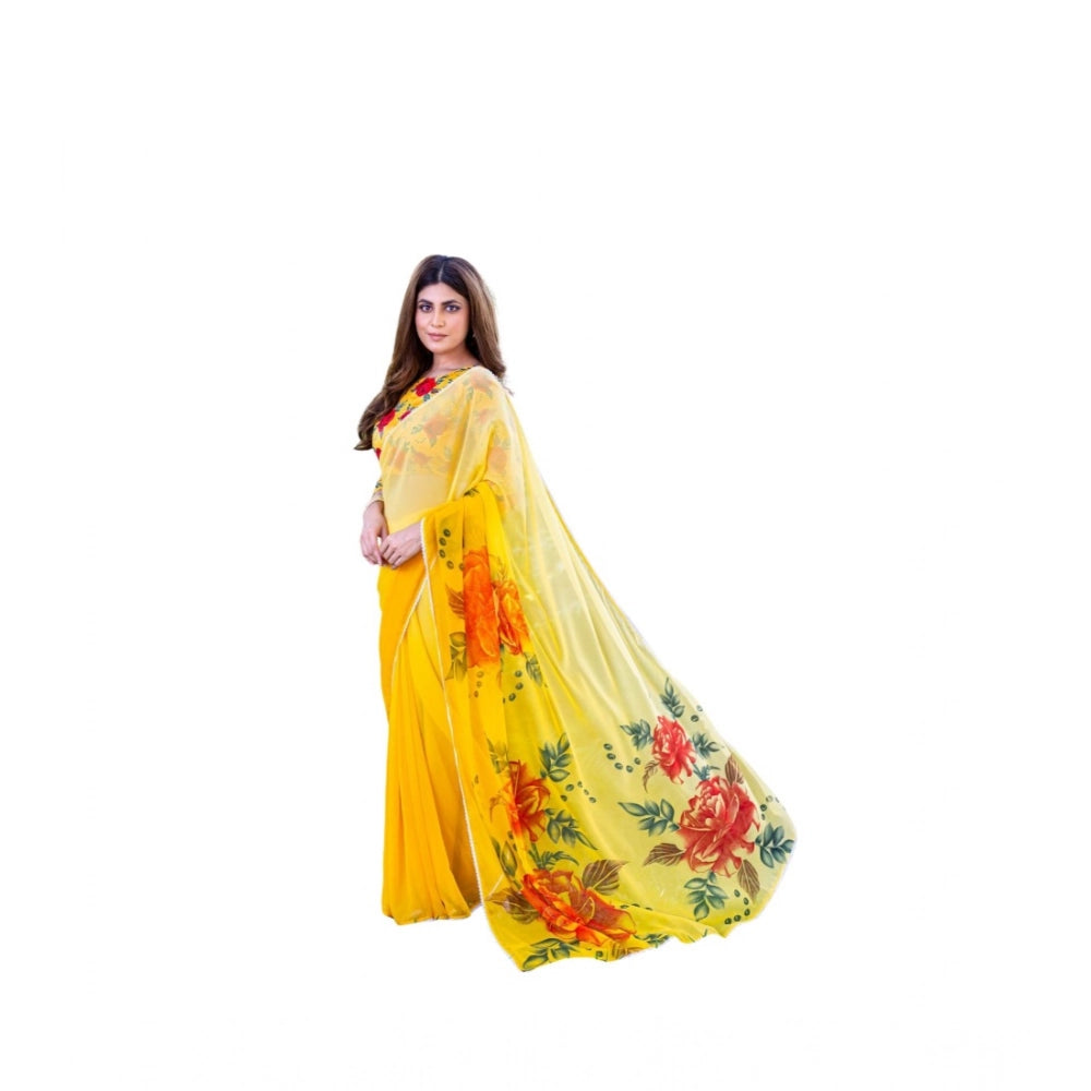 Yellow georgette printed saree with unstitched blouse (5.5Mtr) - vibrant Indian fashion accessory