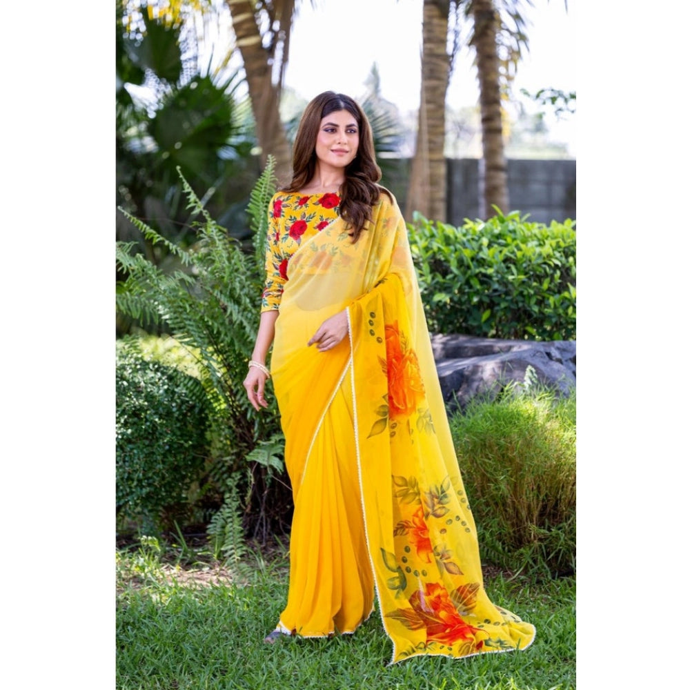 Yellow georgette printed saree with unstitched blouse (5.5Mtr) - vibrant Indian women's fashion