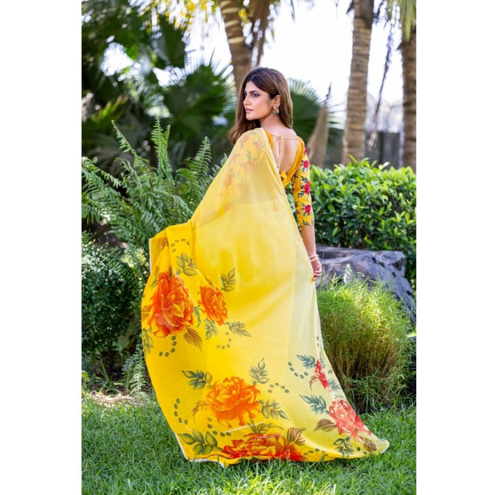 Yellow georgette printed saree with unstitched blouse (5.5mtr)