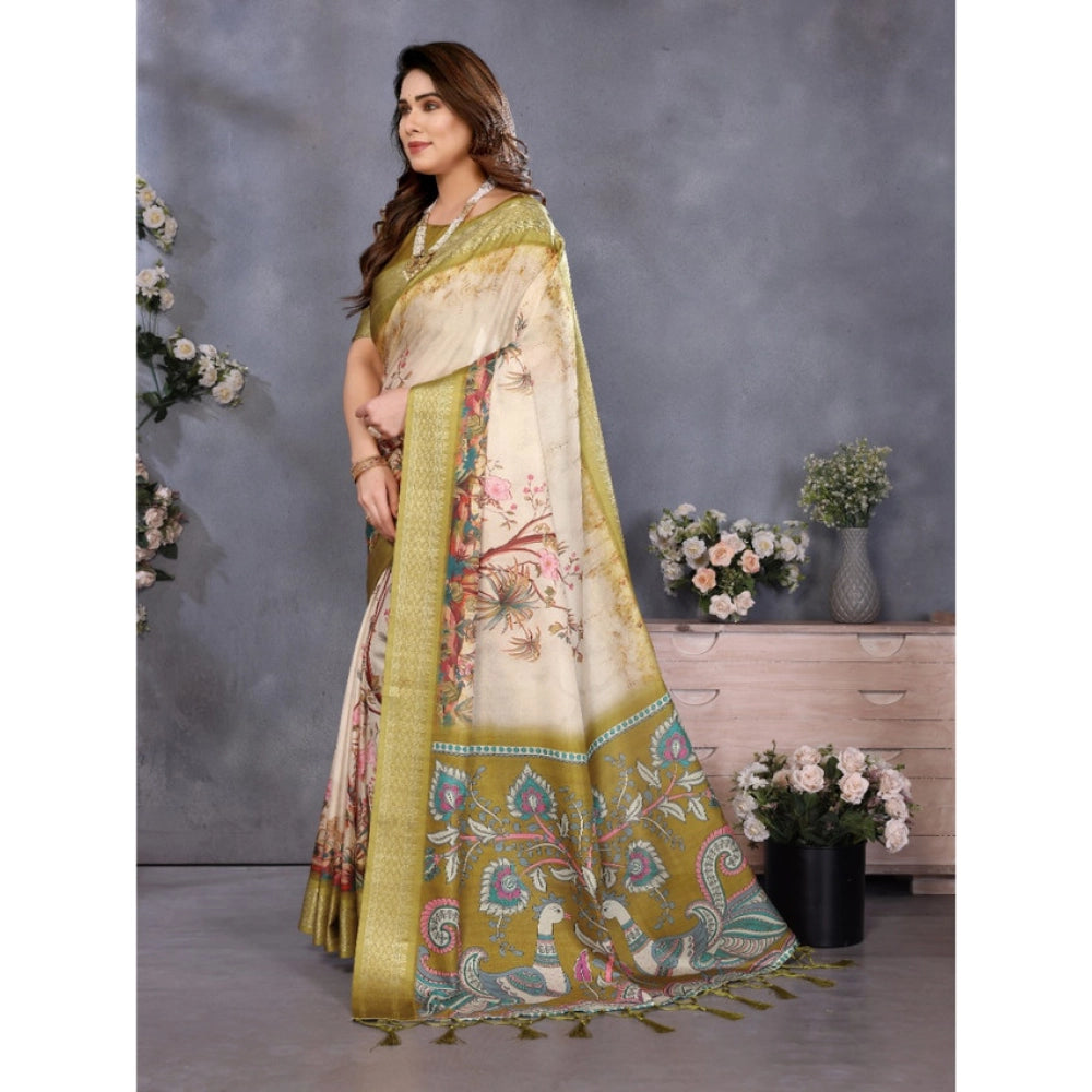 Olive green cotton silk printed saree with unstitched blouse, women's traditional Indian attire on display