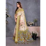 Olive green cotton silk printed saree with unstitched blouse, women's traditional Indian attire on display