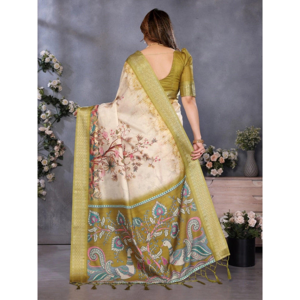 Olive green cotton silk printed saree with unstitched blouse, vibrant floral pattern for Indian women's traditional wear