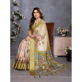 Olive green cotton silk printed saree with unstitched blouse, vibrant floral patterns