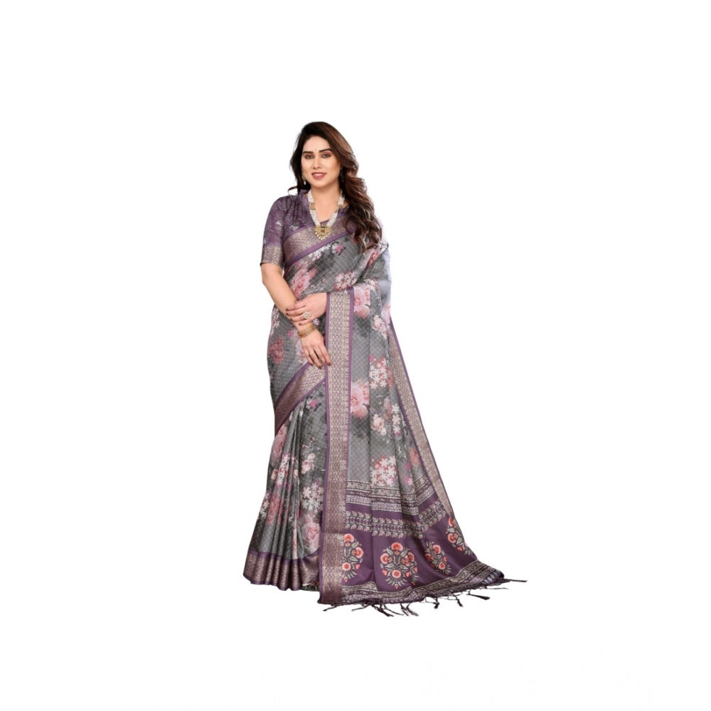 Women's wine cotton silk printed saree with unstitched blouse, vibrant floral design