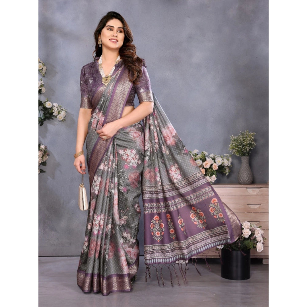 Wine cotton silk printed saree with unstitched blouse, vibrant floral design