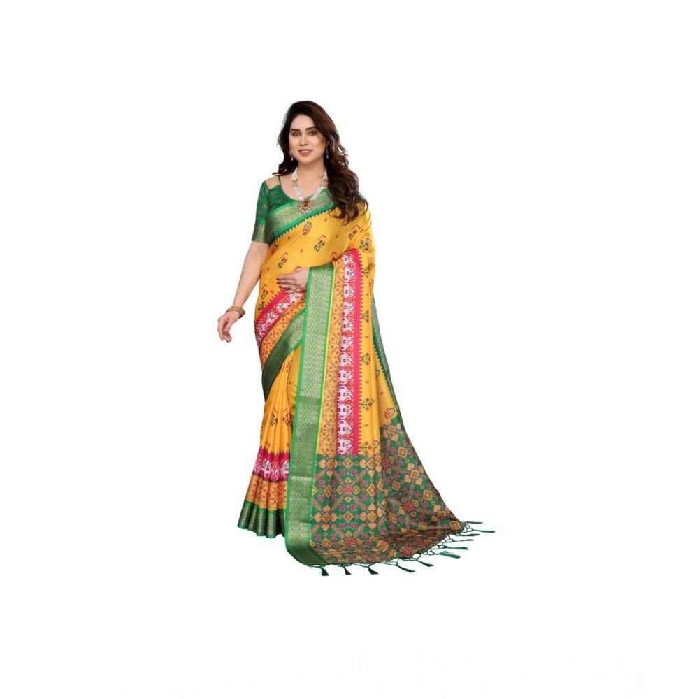 Yellow cotton silk printed saree with unstitched blouse (5.5Mtr)