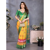 Yellow cotton silk printed saree with unstitched blouse (5.5mtr)