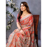 Orange linen-cotton printed saree with unstitched blouse, vibrant Indian fashion accessory
