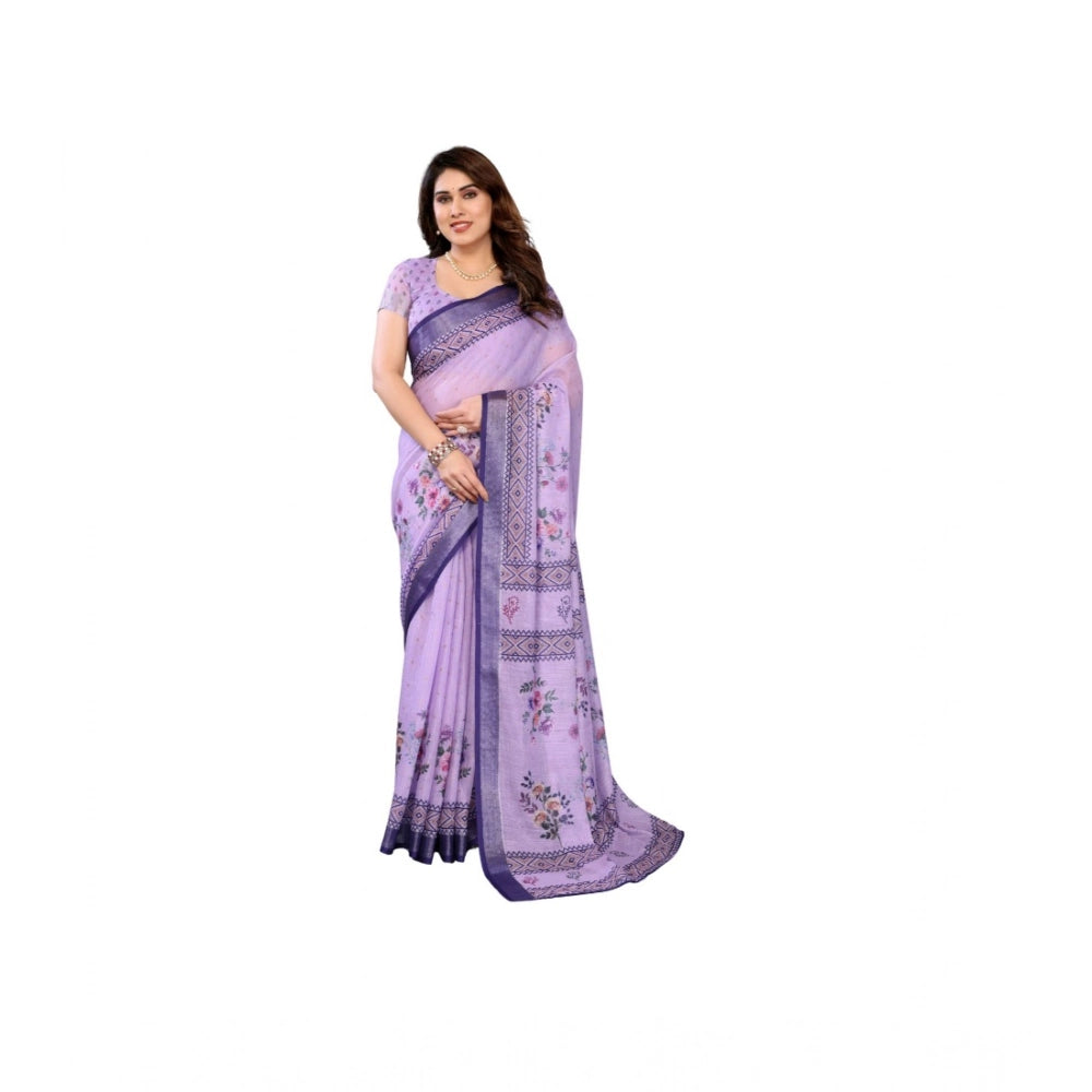 Purple linen-cotton printed saree with unstitched blouse, vibrant pattern for women's traditional attire