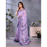 Purple linen-cotton printed saree with unstitched blouse (5.5mtr), traditional Indian wear on mannequin
