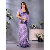 Purple linen-cotton printed saree with unstitched blouse (5.5Mtr), vibrant Indian fashion accessory on hanger