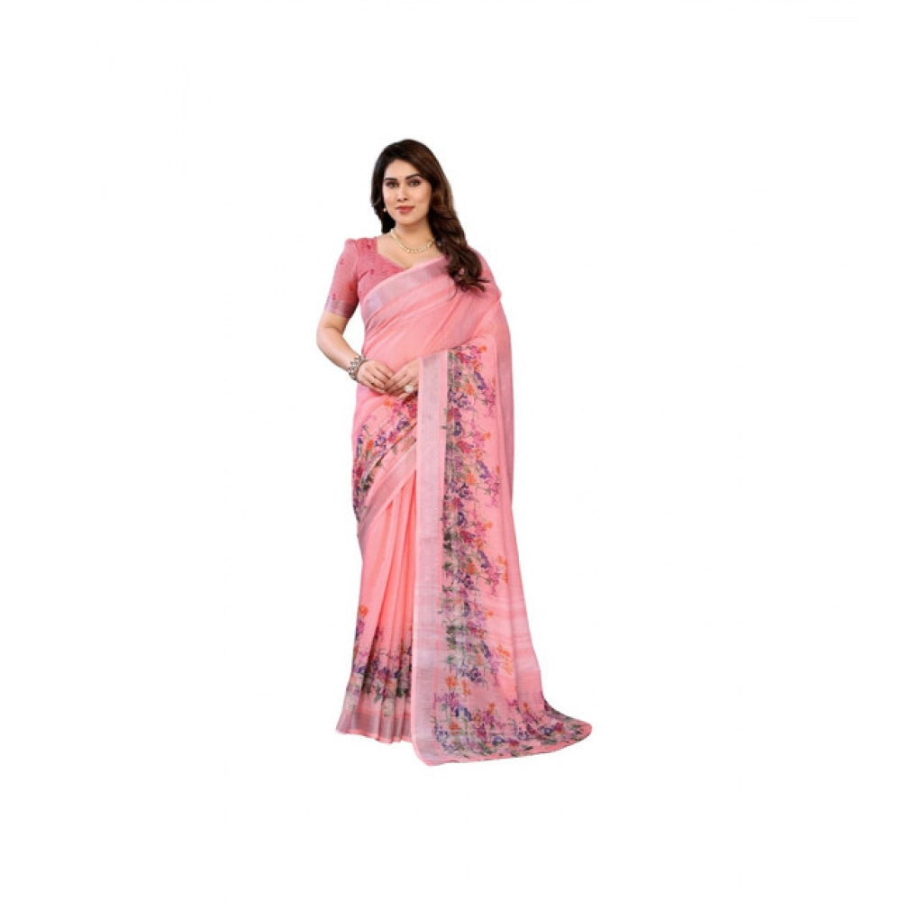 Peach linen-cotton printed saree with unstitched blouse (5.5Mtr), traditional Indian women's wear on display