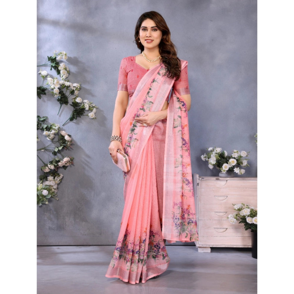 Peach linen-cotton printed saree with unstitched blouse (5.5mtr), traditional Indian women's fashion accessory on display
