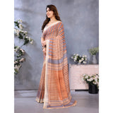 Brown linen-cotton printed saree with unstitched blouse, vibrant ethnic wear for women