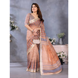 Brown linen cotton printed saree with unstitched blouse, vibrant Indian traditional wear for women on display