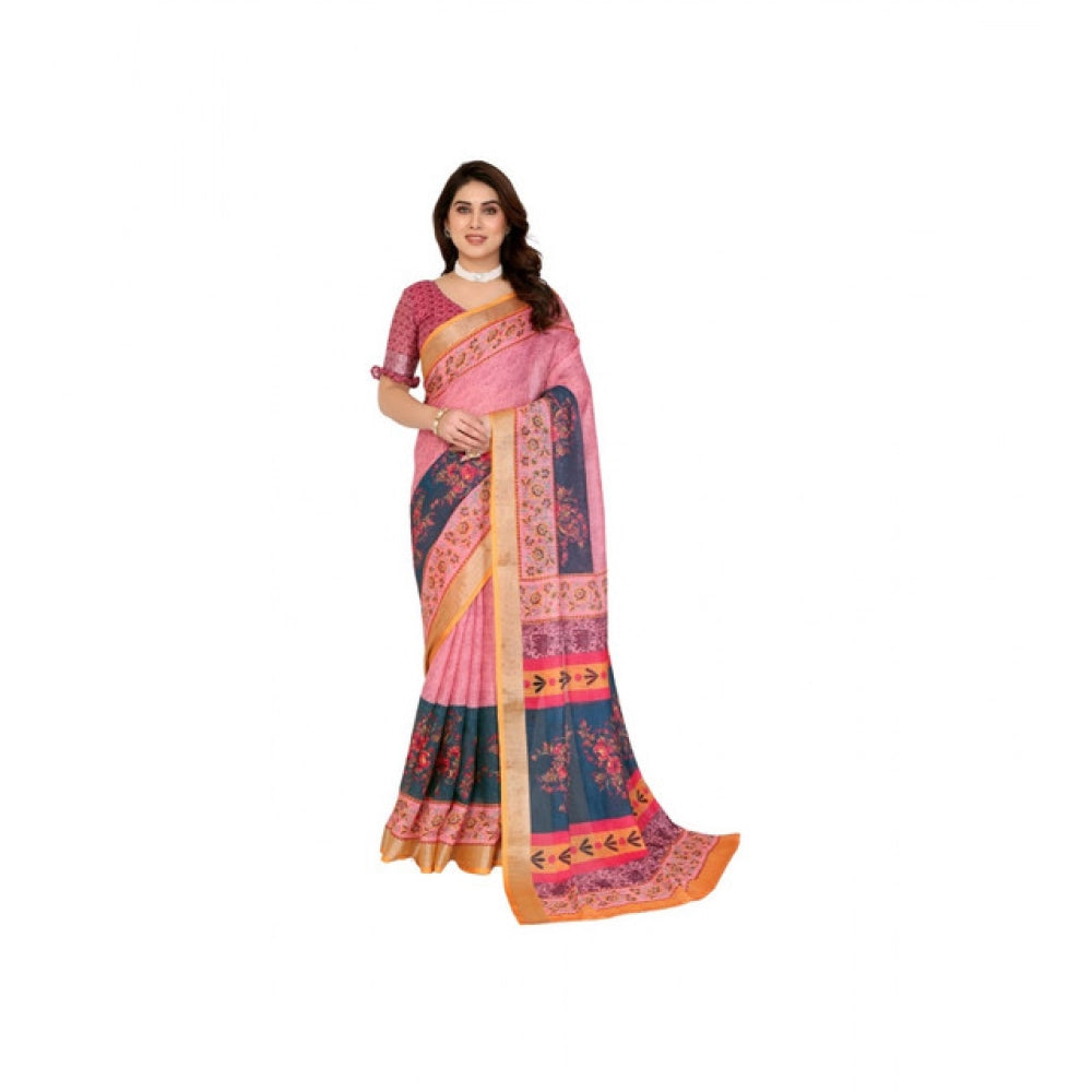 Pink linen cotton printed saree with unstitched blouse, vibrant design on display