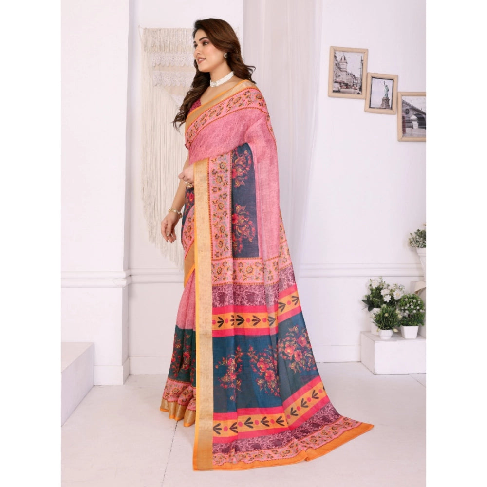 Pink linen-cotton printed saree with unstitched blouse, 5.5mtr length