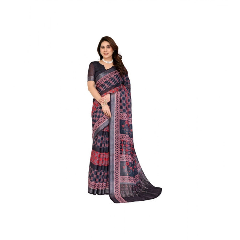 Black linen cotton printed saree with unstitched blouse, elegant Indian attire for women