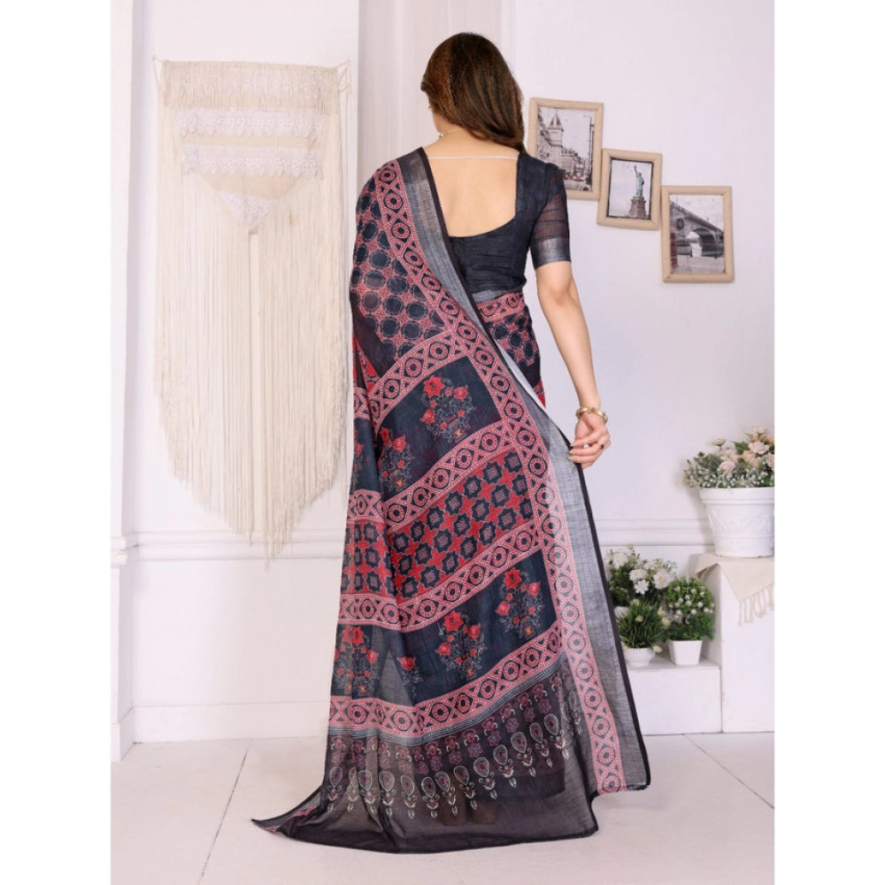 Black linen cotton printed saree with unstitched blouse, vibrant patterns for traditional Indian wear
