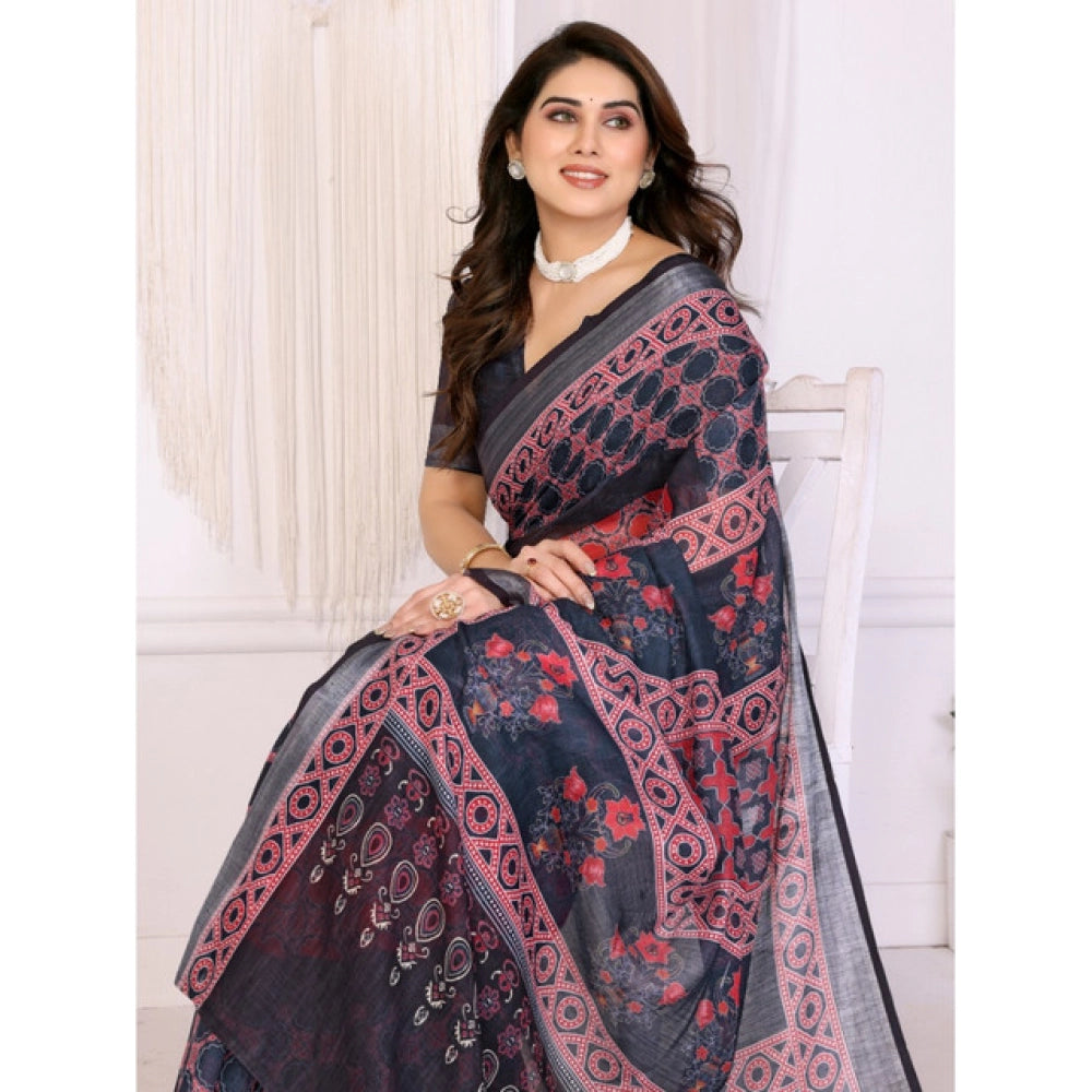 Black linen-cotton printed saree with unstitched blouse, vibrant design for women's ethnic wear