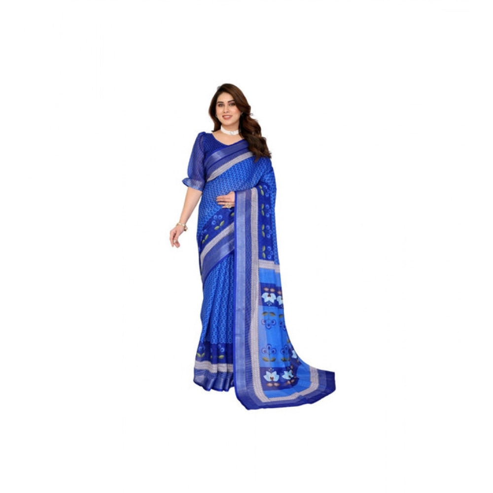 Blue linen cotton printed saree with unstitched blouse, 5.5Mtr length on mannequin