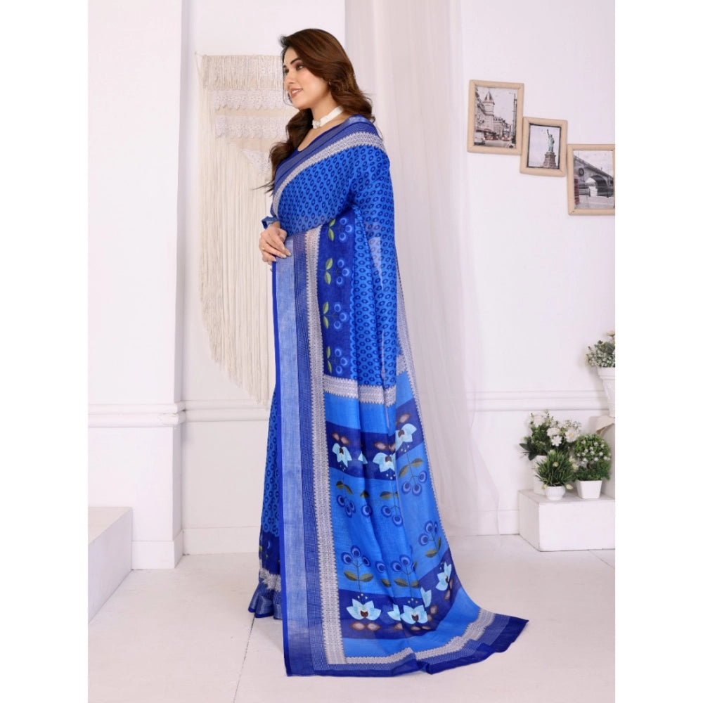 Blue linen-cotton printed saree with unstitched blouse, 5.5Mtr length
