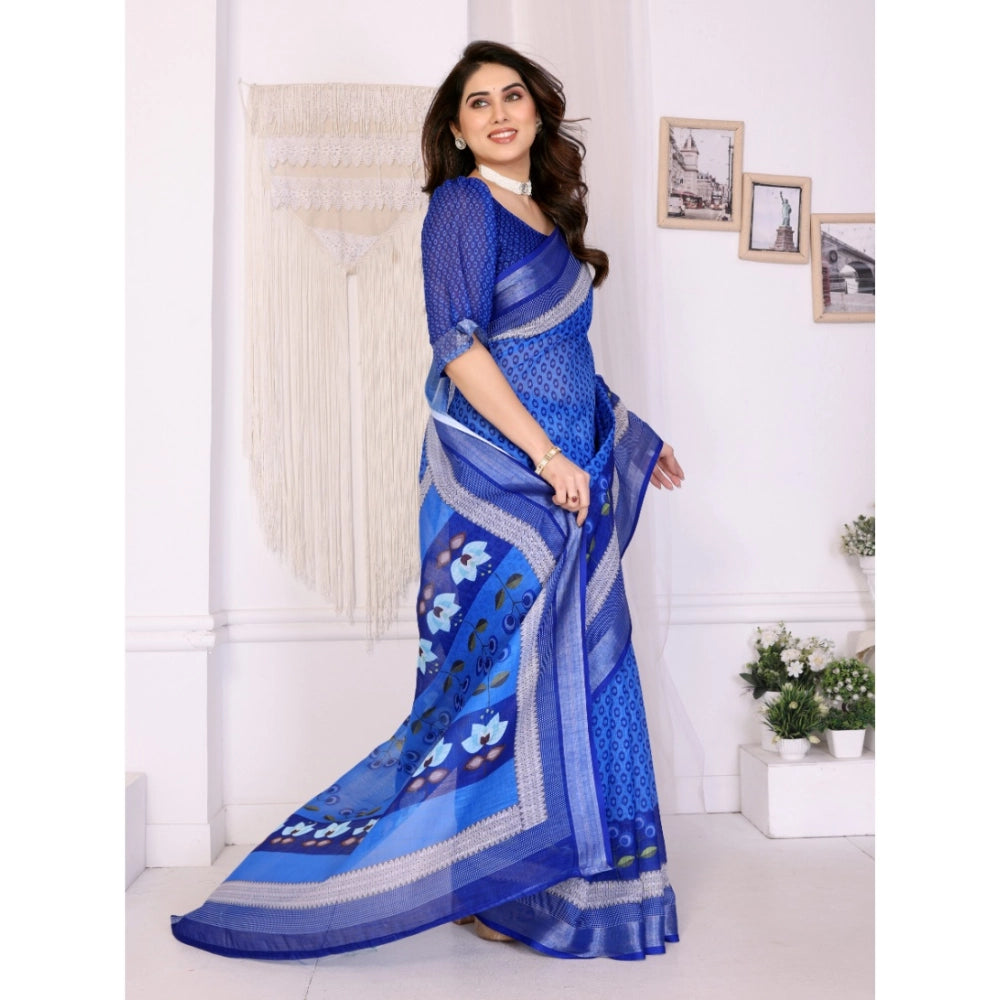 Blue linen cotton printed saree with unstitched blouse, vibrant floral design for traditional Indian wear