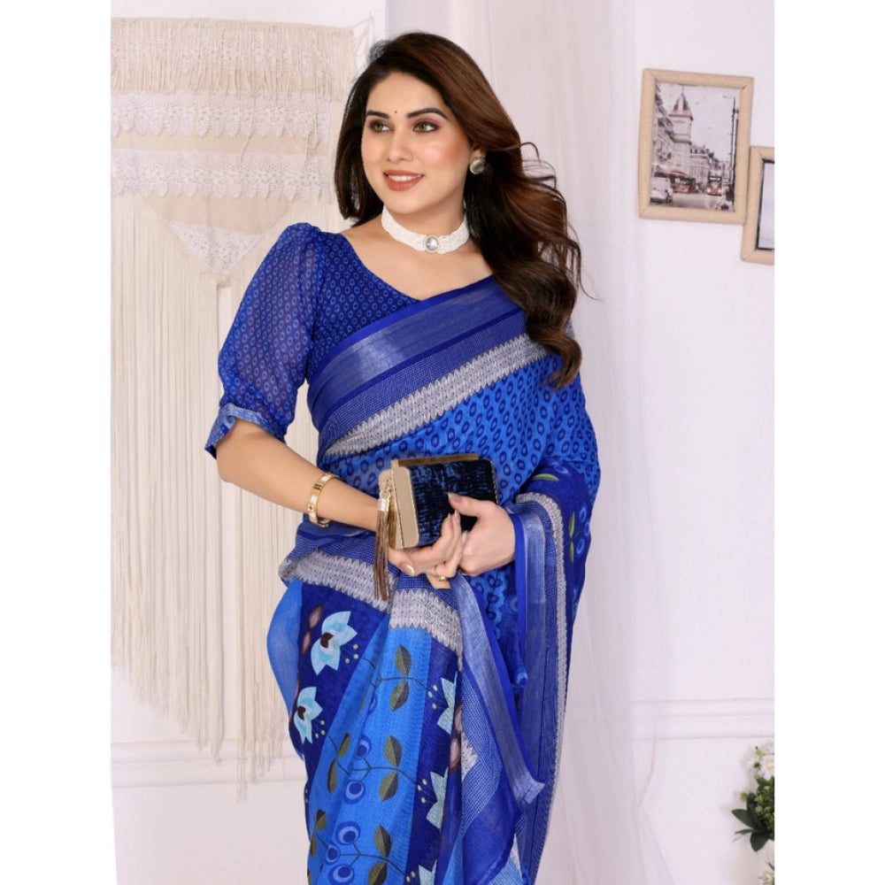 Blue linen-cotton printed saree with unstitched blouse (5.5mtr), traditional Indian fashion on mannequin