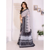 White & Black printed linen cotton saree with unstitched blouse (5.5Mtr) on model
