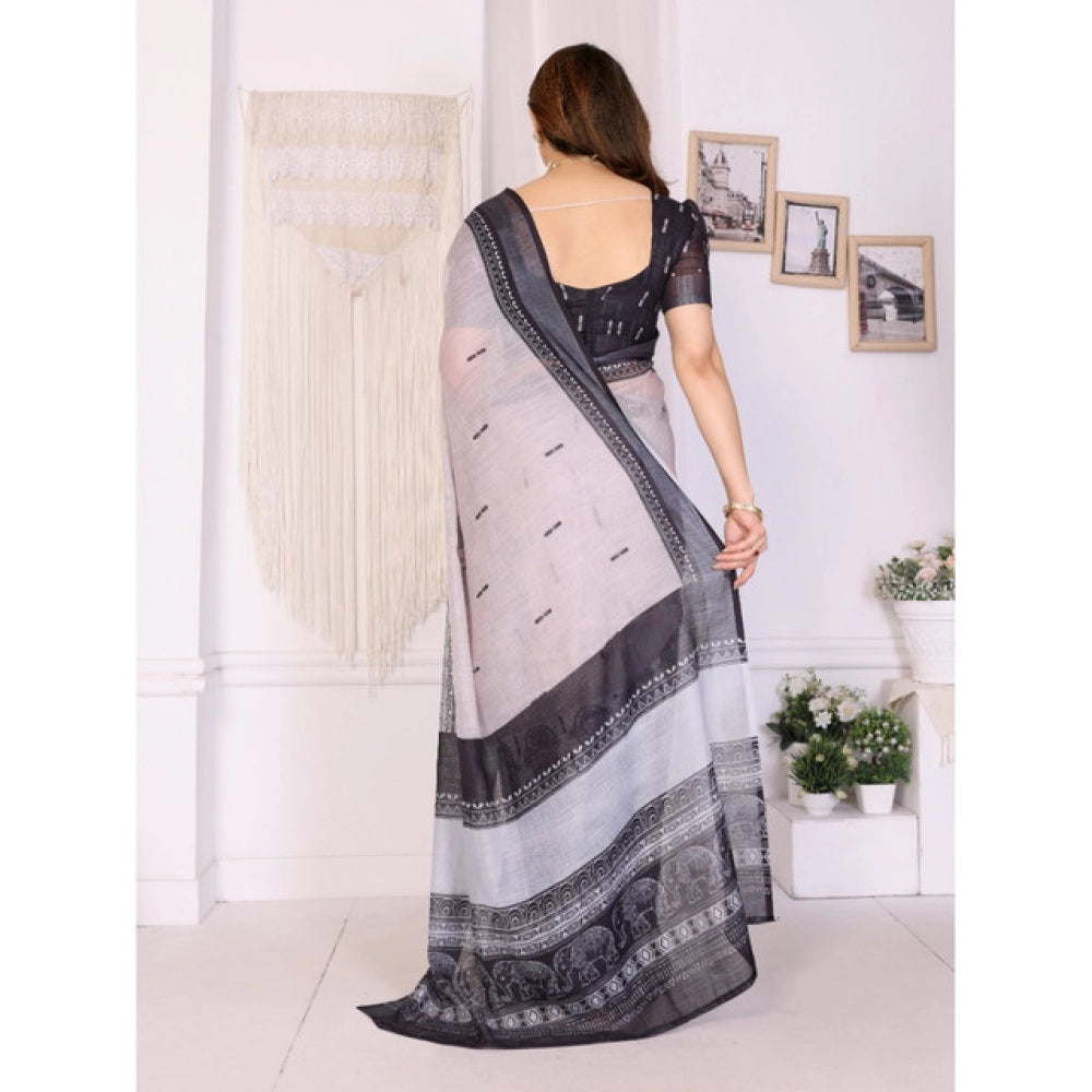 White & Black linen cotton printed saree with unstitched blouse (5.5Mtr). Traditional Indian wear on mannequin