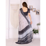 White & Black linen cotton printed saree with unstitched blouse (5.5Mtr). Traditional Indian wear on mannequin