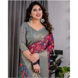 Women's Linen  Printed Saree With Unstitched Blouse 5.5Mtr (Purple)