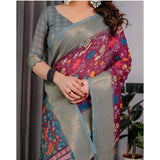 Women's Linen  Printed Saree With Unstitched Blouse 5.5Mtr (Purple)