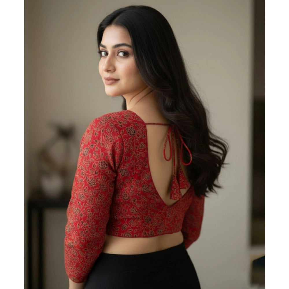 Red Ajrakh Cotton Printed V-Neck Padded Blouse (38 Ready, self-alterable 36-40)