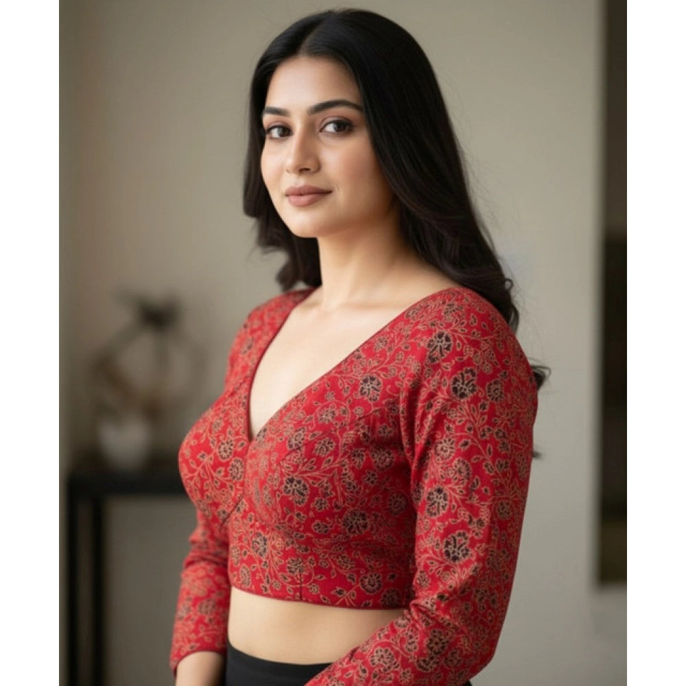 Red Ajrakh cotton printed V-neck padded blouse for women (self-alterable 36-40)